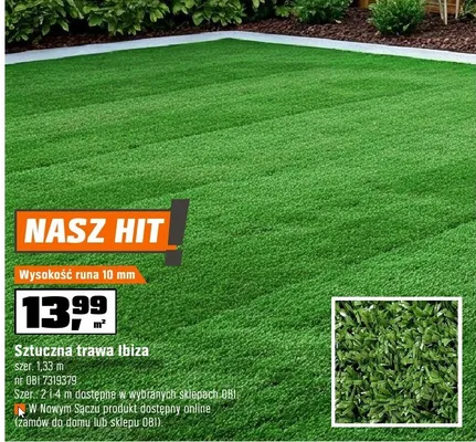 Sztuczna trawa Ibiza szer. 1,33m wys. runa 10mm promocja w OBI