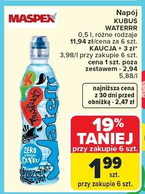 Napój Kubuś Waterrr różne rodzaje Kaucja promocja w Carrefour