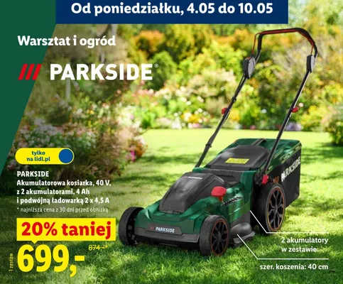 Akumulatorowa kosiarka Parkside 40V z 2 akumulatorami 4Ah i podwójną ładowarką 2x4,5A promocja w Lidl