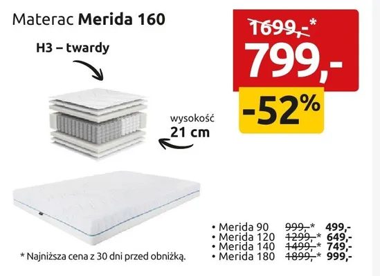 Materac Merida 160 H3 - twardy wysokość 21cm promocja w Black Red White