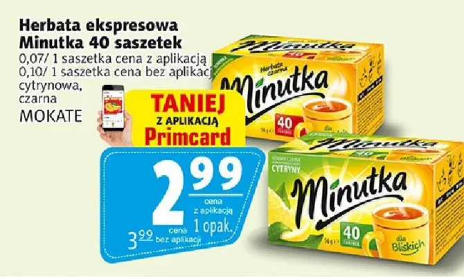 Herbata ekspresowa Minutka 40 saszetek cytrynowa, czarna, mokate promocja w Prim Market