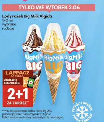 Lody rożek Big Milk Algida śmietankowe promocja w Delikatesy Centrum