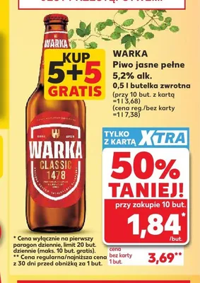 Piwo jasne pełne Warka Classic promocja w Kaufland