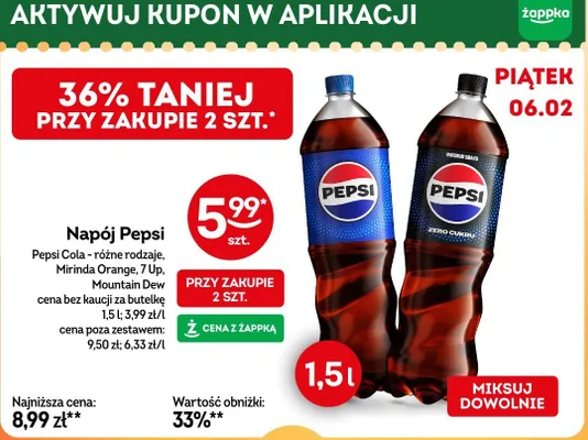 Napój Pepsi, Pepsi Cola - różne rodzaje, Mirinda Orange, 7 Up, Mountain Dew promocja w Żabka