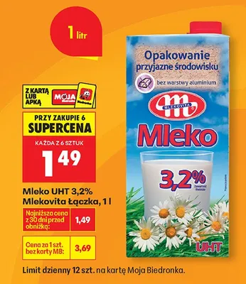 Mleko UHT 3,2% Mlekovita Łączka promocja w Biedronka
