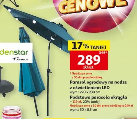 Parasol ogrodowy na nodze z oświetleniem LED Gardenstar 270x230cm promocja w Auchan