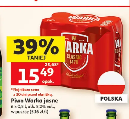 Piwo Warka jasne 6-pak promocja w Auchan