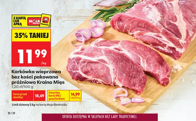 Karkówka wieprzowa bez kości pakowana próżniowo Kraina Mięs promocja w Biedronka