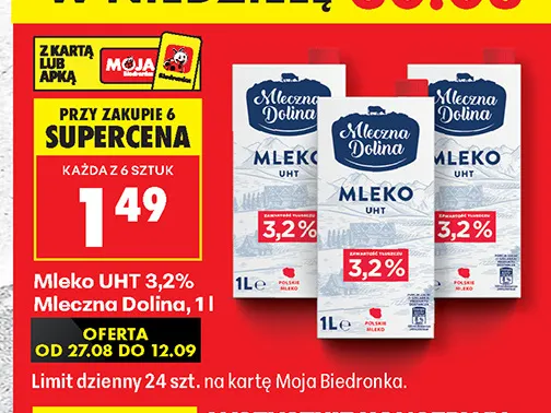 Mleko UHT Mleczna Dolina 3,2% promocja w Biedronka
