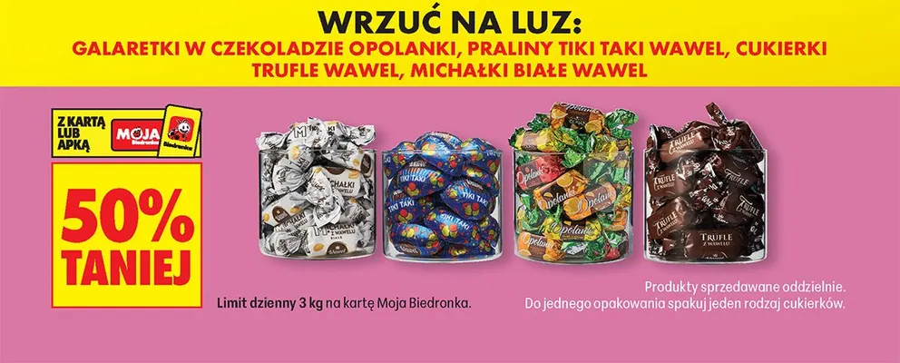 Galaretki w czekoladzie, praliny Tiki Taki, cukierki Trufle, Michałki białe -50% promocja w Biedronka
