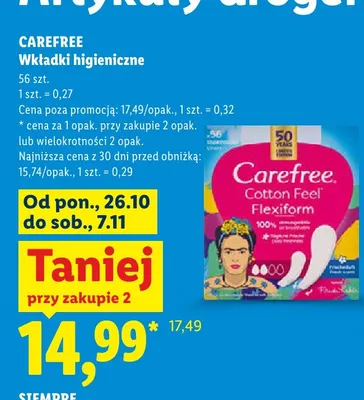 Wkładki higieniczne Carefree Cotton Feel Flexiform promocja w Lidl