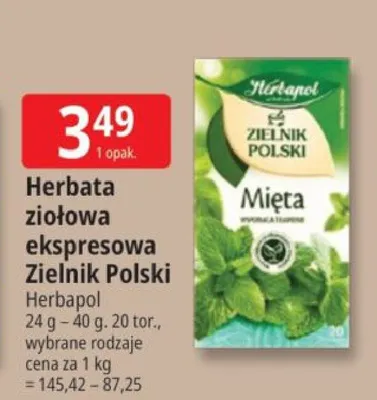 Herbata ziołowa ekspresowa Zielnik Polski Mięta promocja w Leclerc