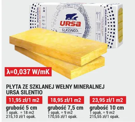 Płyta ze szklanej wełny mineralnej URSA Silentio grubość 5 cm promocja w Merkury Market