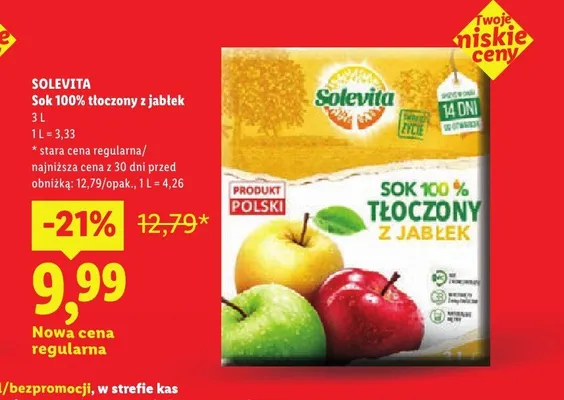 Sok 100% tłoczony z jabłek Solevita promocja w Lidl