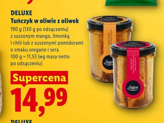 Tuńczyk w oliwie z oliwek z suszonymi pomidorami o smaku oregano i sera Deluxe promocja w Lidl