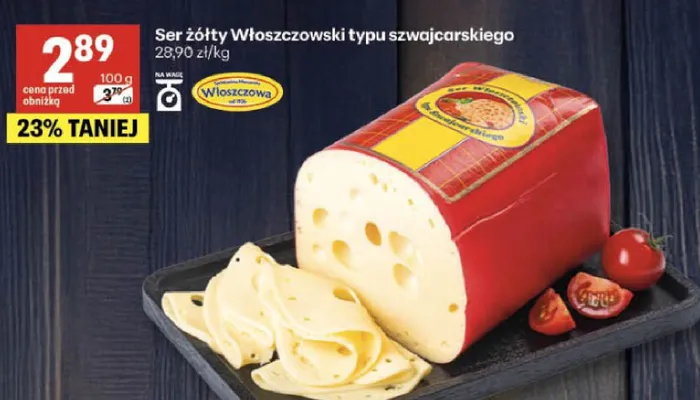 Ser żółty Włoszczowski typu szwajcarskiego promocja w Delikatesy Centrum