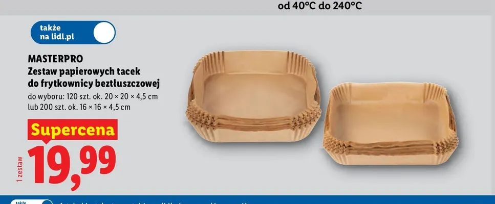 Zestaw papierowych tacek do frytkownicy beztłuszczowej Masterpro 120 szt. promocja w Lidl
