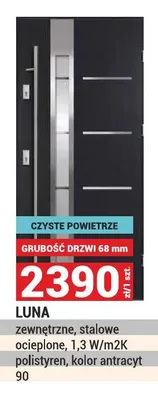 Drzwi zewnętrzne stalowe Luna Czyste Powietrze ocieplone polistyren 1,3W/m2K grubość 68mm kolor antracyt 90 promocja w Merkury Market
