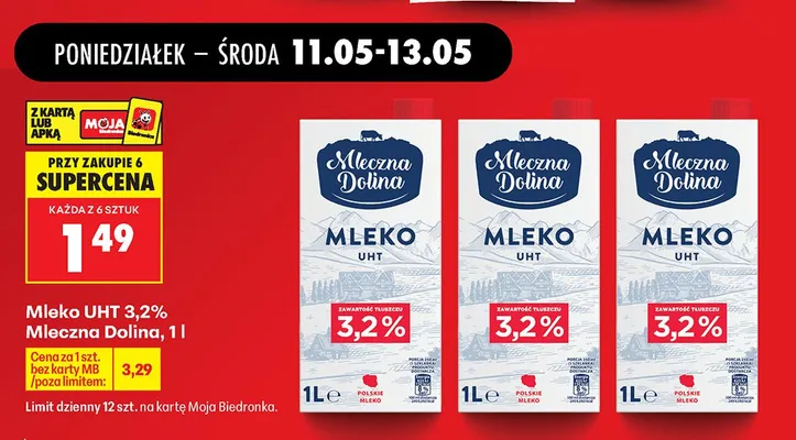 Mleko UHT 3,2% Mleczna Dolina promocja w Biedronka
