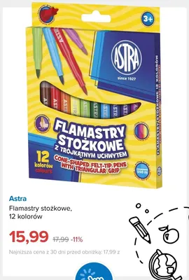 Flamastry stożkowe Astra 12 kolorów promocja w Smyk