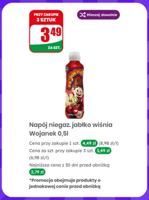 Napój niegazowany jabłko wiśnia Wojanek promocja w Dino