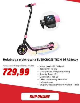 Hulajnoga elektryczna Evercross Tech E6 różowy promocja w Media Markt