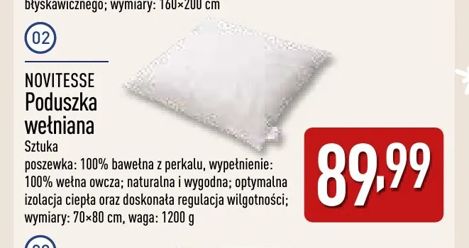 Poduszka wełniana 70x80 cm Novitesse promocja w Aldi