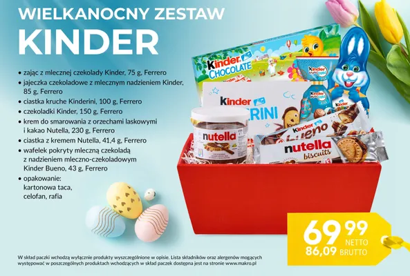 Zestaw Wielkanocny Kinder - zając czekoladowy Kinder 75g, jajeczka czekoladowe Kinder 85g, ciastka kruche Kinderini 100g, czekoladki Kinder 150g, krem Nutella 230g, ciastka Nutella 41,4g, wafelek Kinder Bueno 43g promocja w Makro