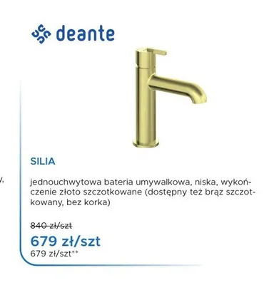 Bateria umywalkowa Deante Silia niska złoto szczotkowane promocja w Blu Salony Łazienek