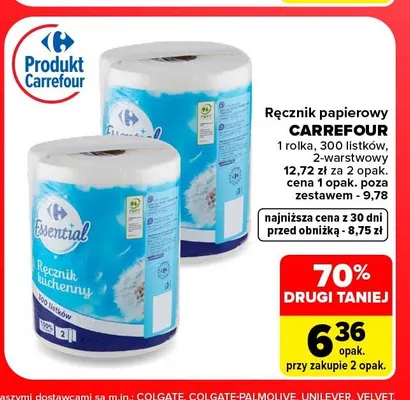 Ręcznik papierowy 1 rolka 300 listków 2-warstwowy Carrefour promocja w Carrefour Market