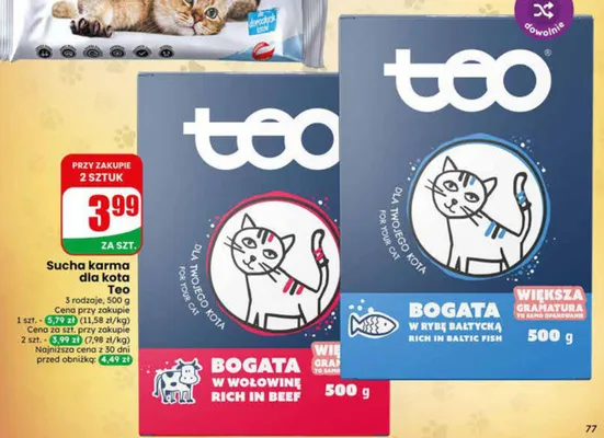 Sucha karma dla kota Teo bogata w wołowinę promocja w Dino