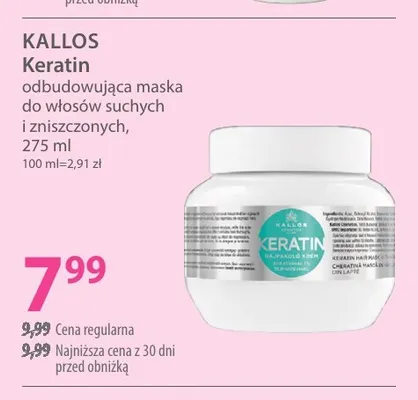 Keratin odbudowująca maska do włosów suchych i zniszczonych Kallos promocja w Hebe