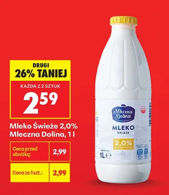 Mleko świeże 2,0% Mleczna Dolina promocja w Biedronka