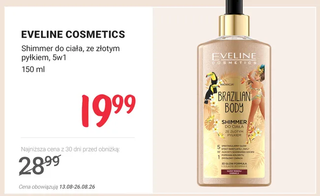 Shimmer do ciała Eveline Cosmetics Brazilian Body ze złotym pyłkiem 5w1 promocja w Rossmann