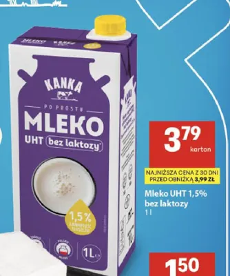 Mleko UHT bez laktozy Kanka 1,5% promocja w Delikatesy Centrum