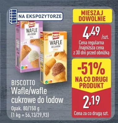 Wafle cukrowe do lodów Biscotto promocja w Aldi