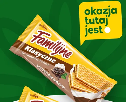 Wafle Klasyczne o smaku kakaowo-śmietankowym Jutrzenka Familijne promocja w Stokrotka