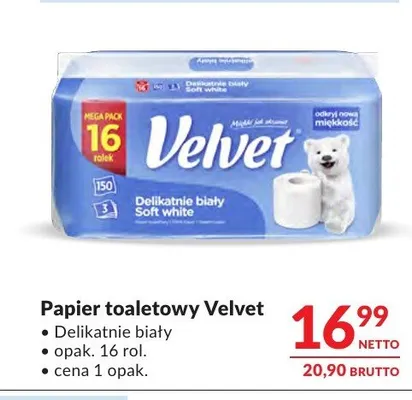 Papier toaletowy Velvet Delikatnie Biały 16-pak promocja w Makro
