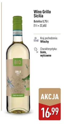 Wino Grillo Sicilia Bio białe wytrawne włoskie promocja w Aldi