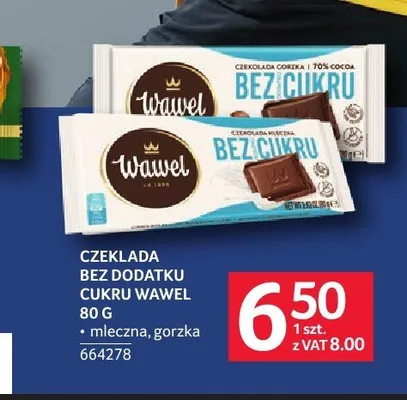 Czekolada bez dodatku cukru Wawel promocja w Selgros
