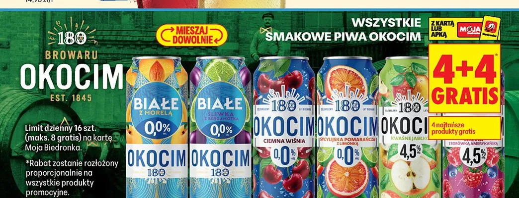 Wszystkie smakowe piwa Okocim 4+4 GRATIS promocja w Biedronka