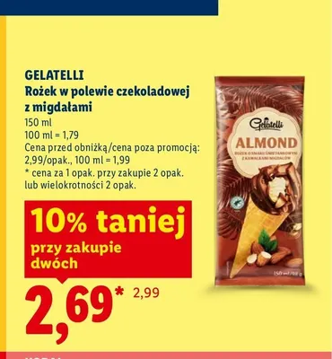 Lody rożek w polewie czekoladowej z migdałami Gelatelli promocja w Lidl