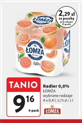 Piwo bezalkoholowe Łomża Radler 0,0% Grejpfrut 4-pak 400ml promocja w Intermarche