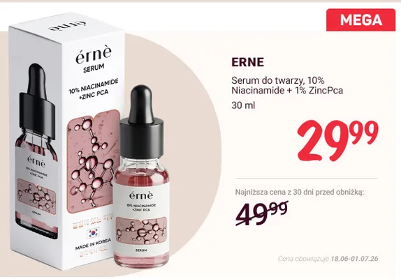 Serum do twarzy Erne 10% Niacinamide + 1% ZincPca promocja w Rossmann