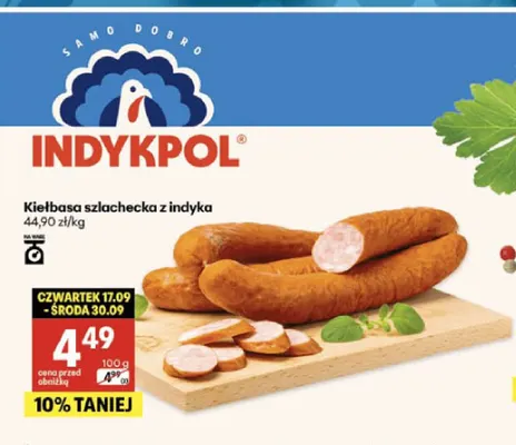 Kiełbasa szlachecka z indyka Indykpol promocja w Delikatesy Centrum