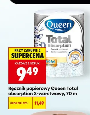 Ręcznik papierowy Queen Total absorption 3-warstwowy 70 m promocja w Biedronka