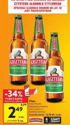 Piwo Kasztelan Niepasteryzowane butelka zwrotna promocja w Intermarche