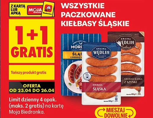 Wszystkie paczkowane kiełbasy śląskie 1+1 GRATIS promocja w Biedronka