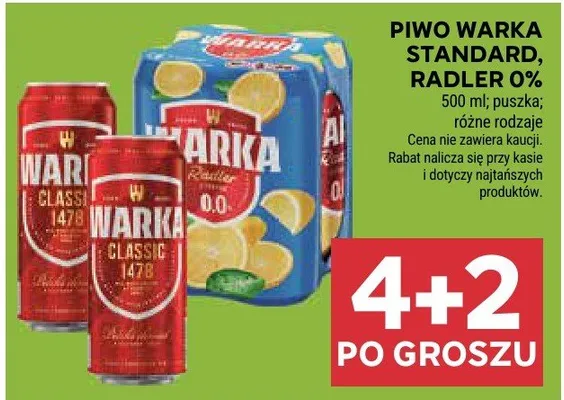 Piwo warka standard, radler 0% promocja w Stokrotka