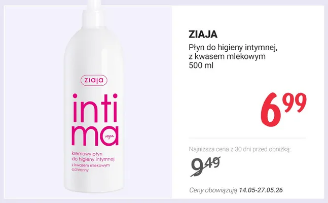 Płyn do higieny intymnej Ziaja Intima z kwasem mlekowym kremowy ochronny promocja w Rossmann